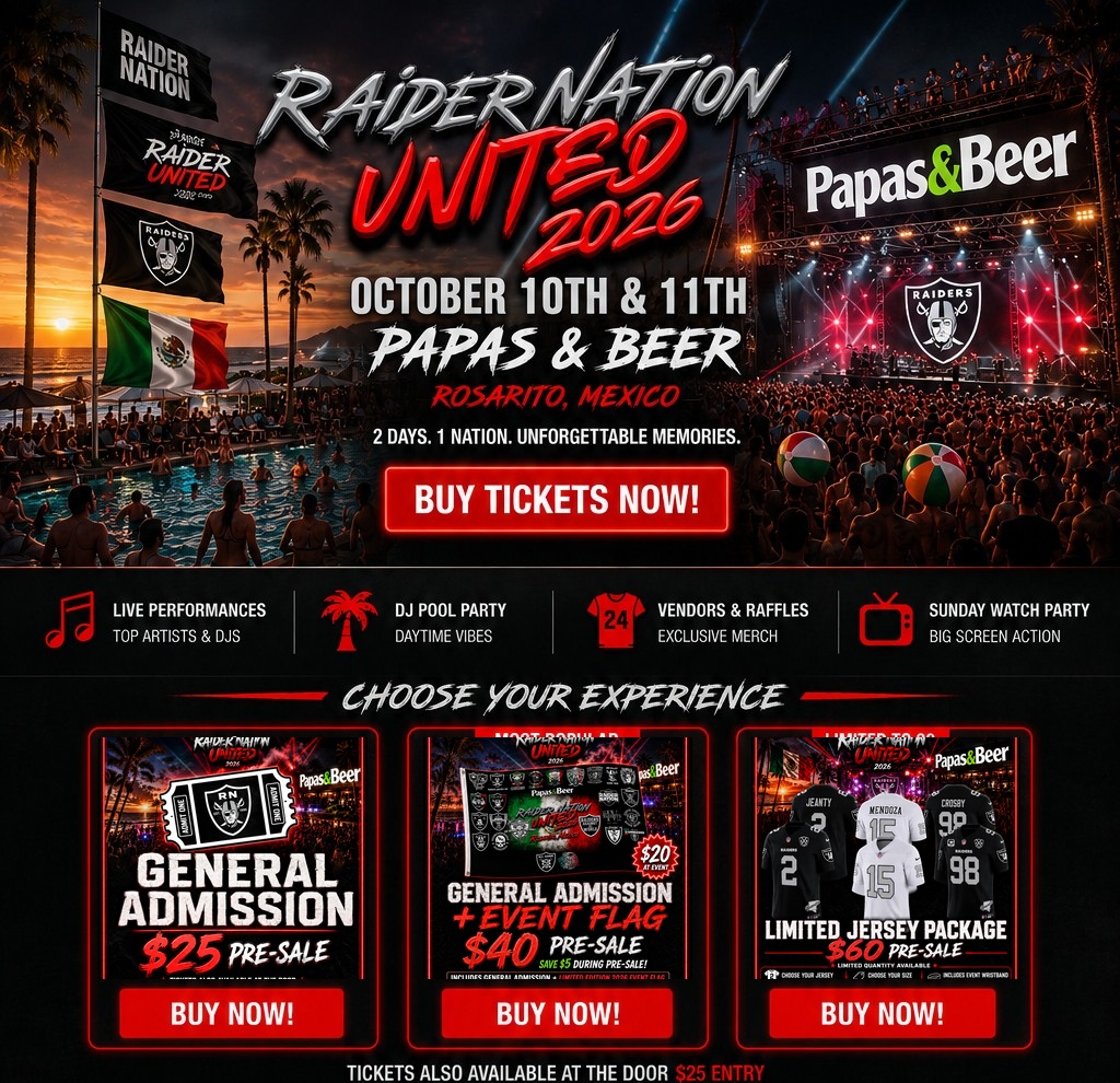 Raider Nation United 2026 at Papas and Beer in Rosarito, Mexico, with event highlights and three ticket packages